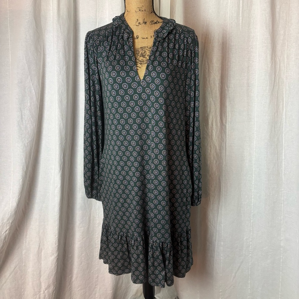 Boden Size 8 Long Notch Neck Jersey Dress In Green Sunflower Geo Pockets Stretch - Picture 1 of 6